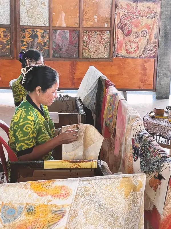 Traditional Balinese Batik Art in Ubud, Bali - cultural heritage of Indonesia, batik making workshop and demonstration, Batik painting experience in Bali, things to do in Ubud, Bali Wonders Tour 